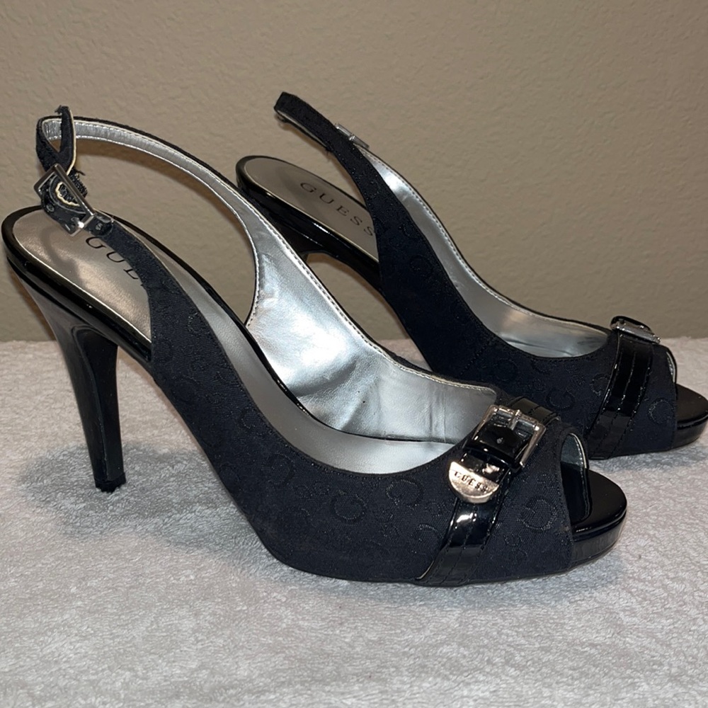 GUESS Black Slingback Peep Toe Heels